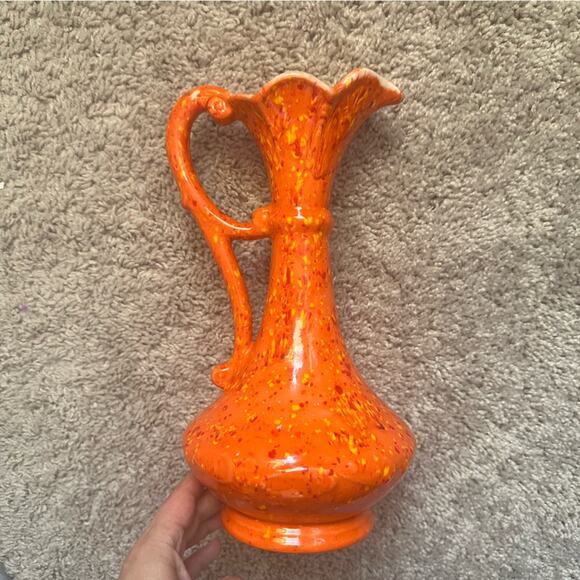 Vintage 1974 Handmade Ceramic Vase w/Handle Orange w/Yellow Red Specks 12” tall - Picture 2 of 9